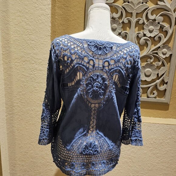Taylor & Sage Woman's S Cotton Blue Crochet Lace Boho Top With 3/4 Sleeves - Picture 2 of 9
